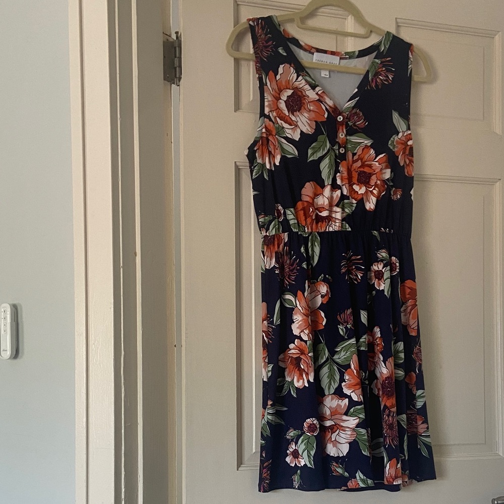 French Grey Dark Blue Floral Midi Dress